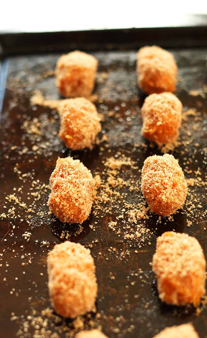 Vegan Sweet Potato Tater Tots on a baking sheet