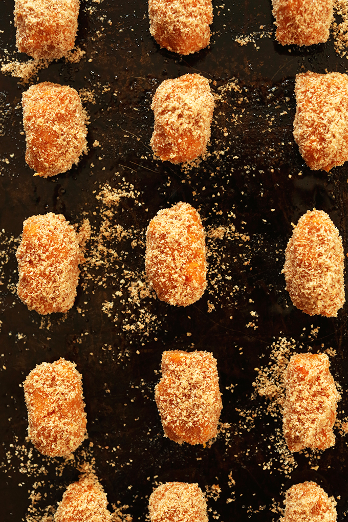 Baking sheet filled with a batch of our Sweet Potato Tater Tots recipe