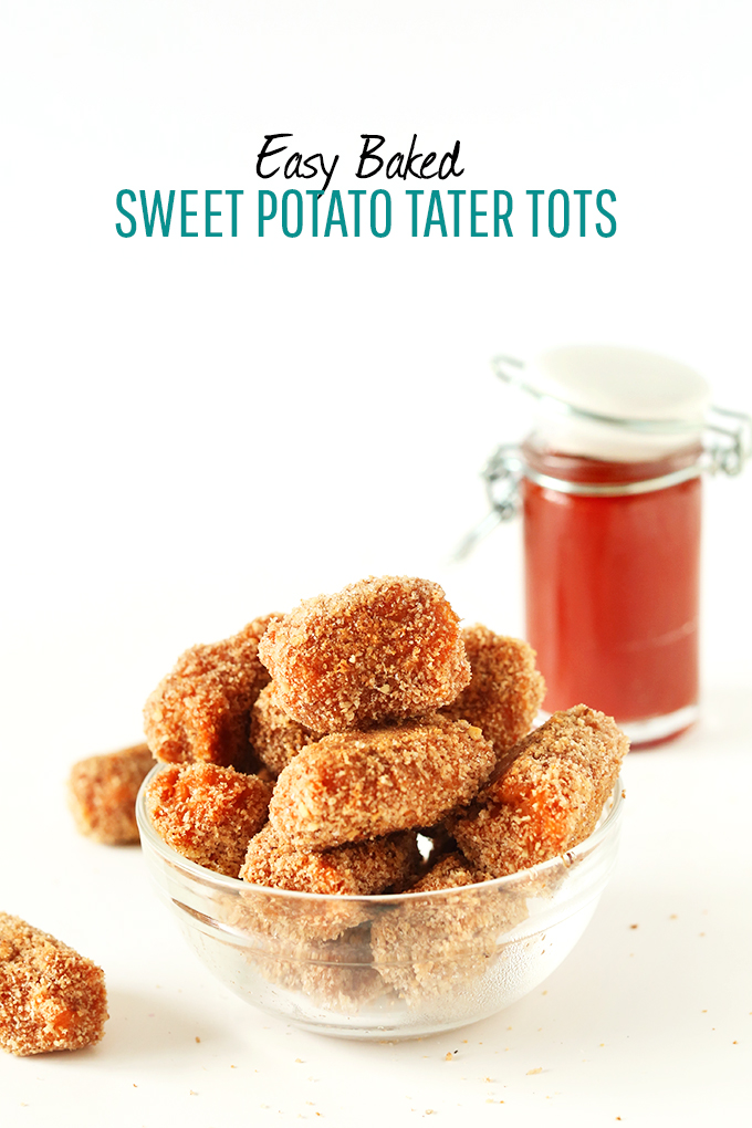 Big bowl of Easy Baked Sweet Potato Tater Tots and a jar of ketchup