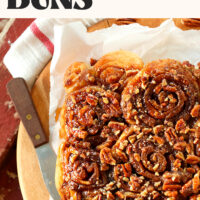 Overhead shot of a pan of homemade vegan sticky buns
