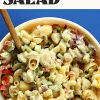 Overhead photo of a bowl of Vegan Macaroni Salad with text above it that says ready in 30 minutes
