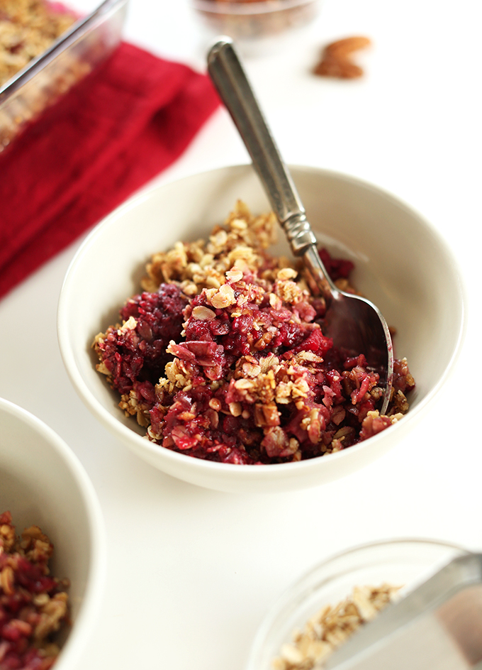 Bowl of gluten-free vegan Raspberry Rhubarb Crisp