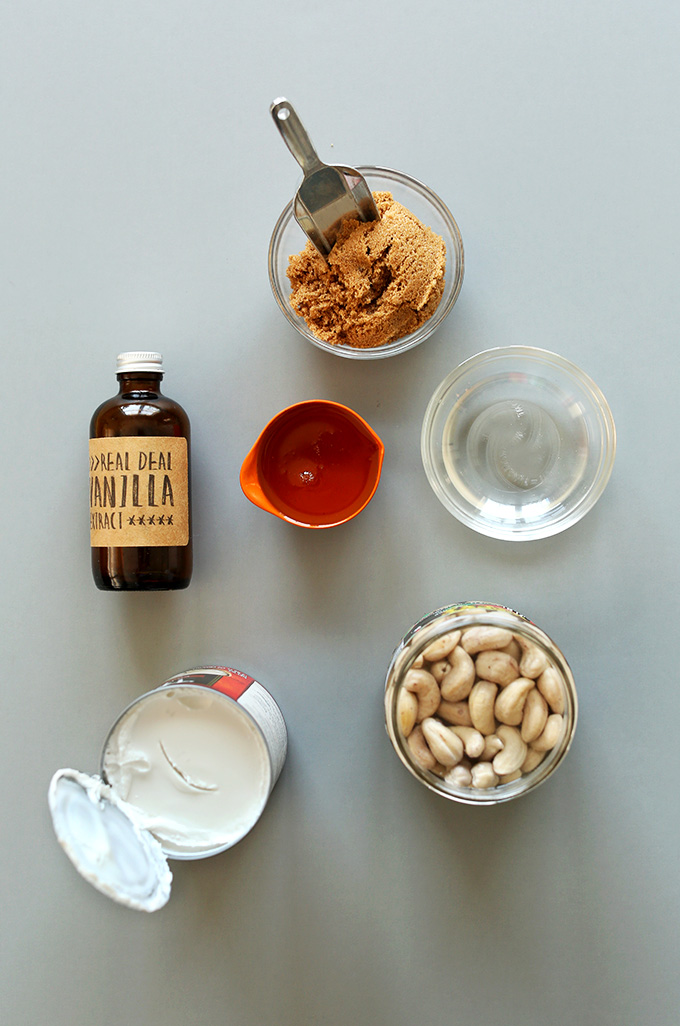 Cashews, coconut milk, vanilla, and other ingredients for making Vegan Cookie Dough Ice Cream