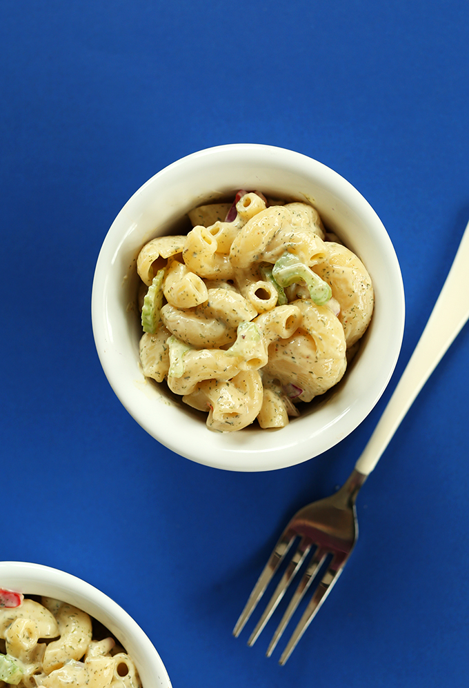 Small bowl of our simple Vegan Macaroni Pasta Salad