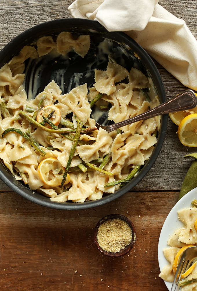Pan of Creamy Vegan Lemon Asparagus Pasta