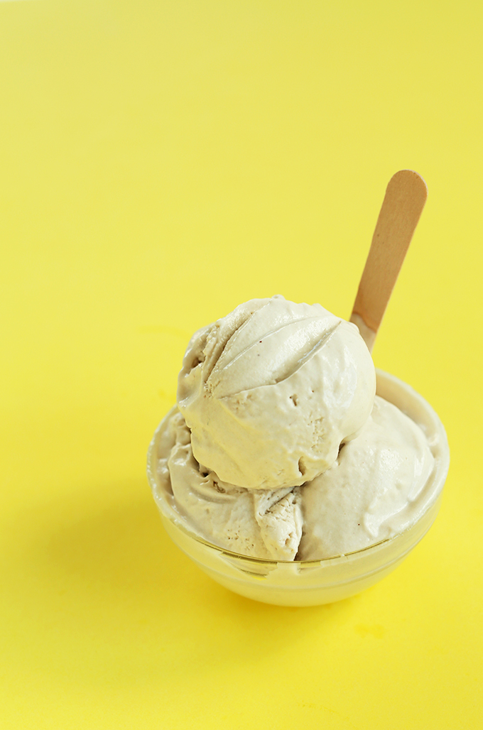 Bowl of our Super Creamy Vegan Salted Bourbon Caramel Ice Cream