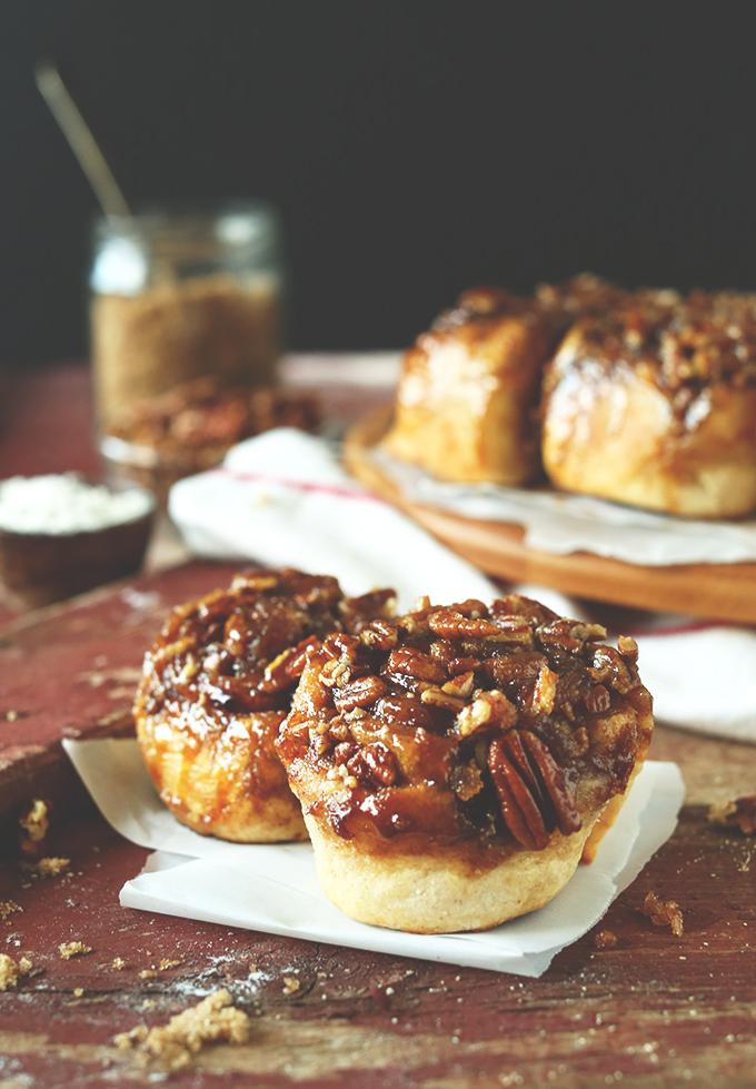 Simple homemade sticky buns topped with brown sugar-pecan glaze