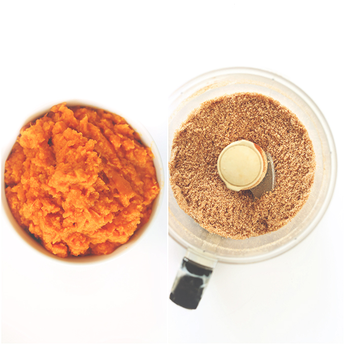 Bowl of mashed sweet potatoes and a food processor filled with finely ground breading