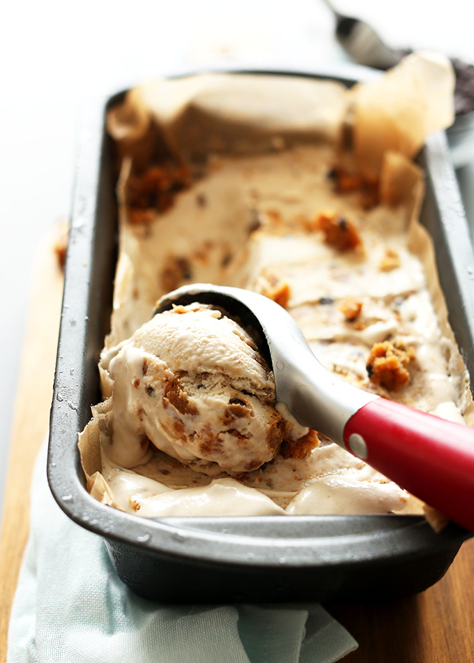 Grabbing a scoop of the Best Vegan Chocolate Chip Peanut Butter Cookie Dough