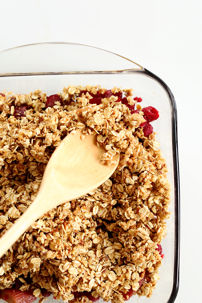 Baking pan filled with a batch of our Raspberry Rhubarb Crisp recipe