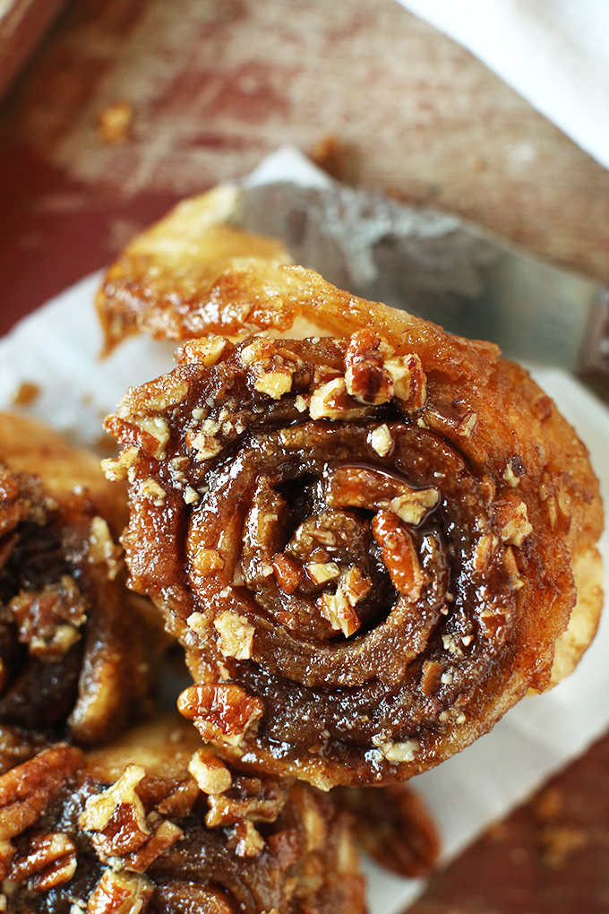 Close up shot of an incredibly delicious Vegan Pecan Sticky Bun
