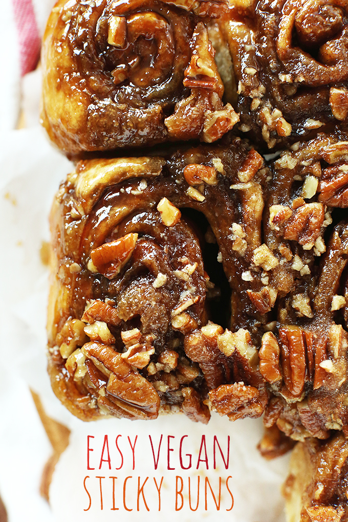 Top down shot of a batch of our Vegan Sticky Buns recipe