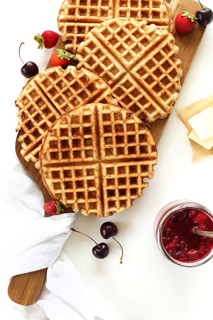 Perfectly crispy Vegan Gluten-Free Waffles with fresh fruit