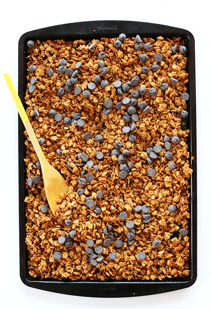 Baking sheet of Peanut Butter Chocolate Chip Granola