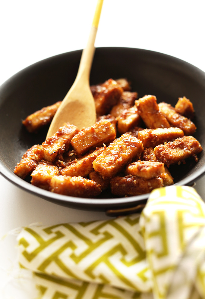 Pan of Crispy Stir-Fried Tofu for adding to homemade spring rolls