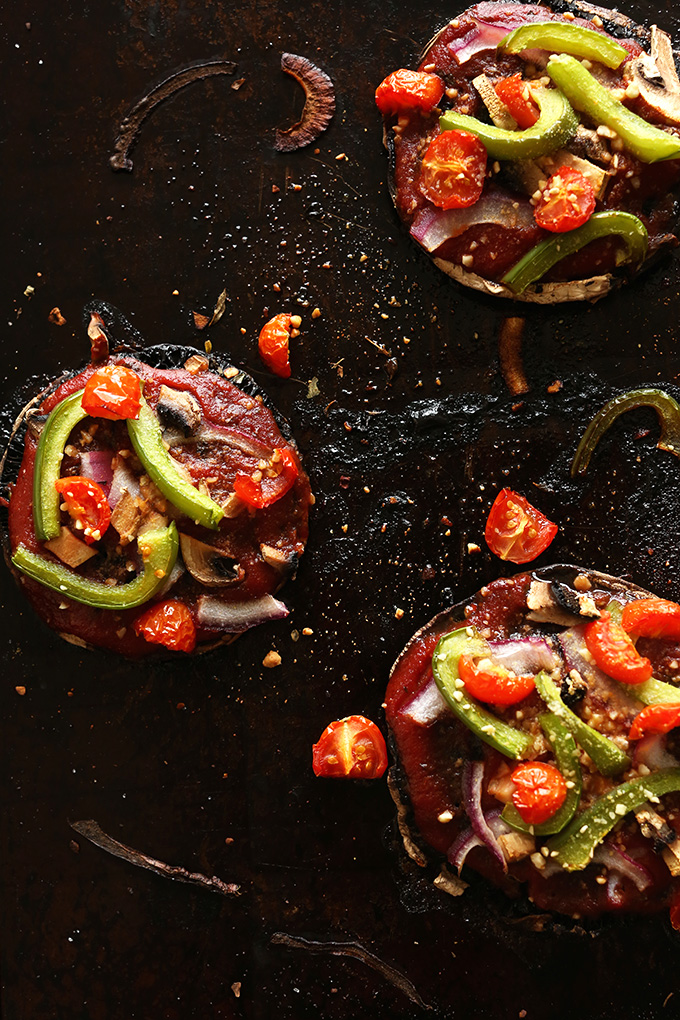 Homemade Vegan Portobello Pizzas on a baking sheet