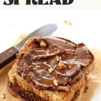 Photos of a slice of toast topped with our Brownie Batter Spread recipe and text above it that says simple to make and vegan + gluten-free