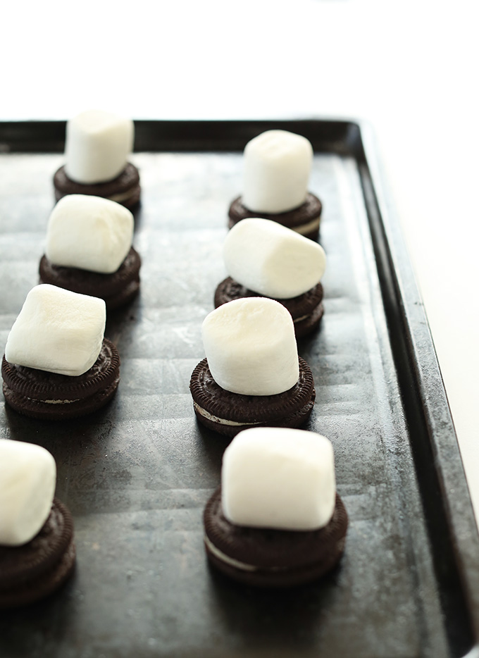 Baking sheet with Oreo Smores ready to go in the oven