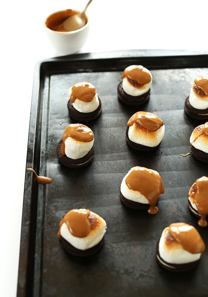 Baking sheet of oven baked Peanut Butter S'MOREOS for a delicious vegan dessert