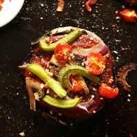 Baking sheet with a Vegan Portobello Pizza