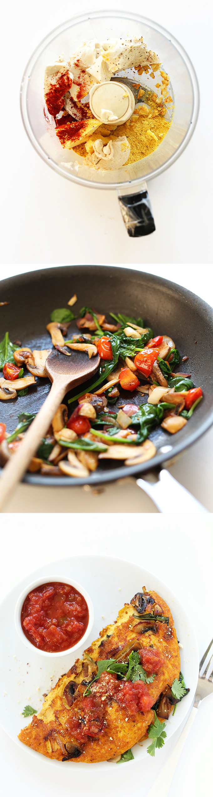 Series of photos showing how to make our Vegan Omelet recipe