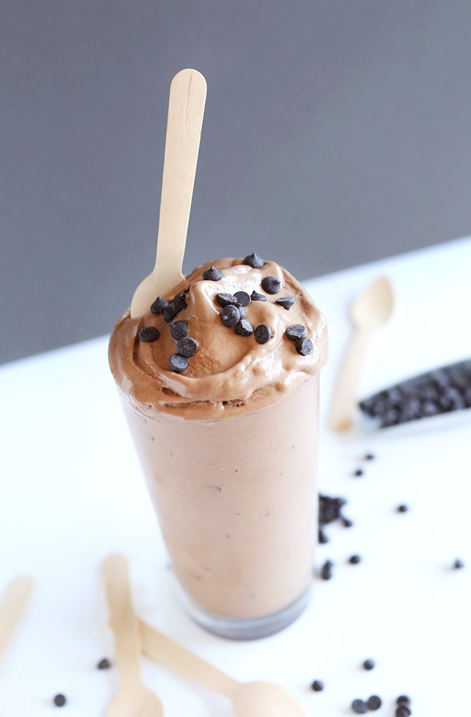 Close up shot of a vegan Chocolate Blizzard topped with mini chocolate chips