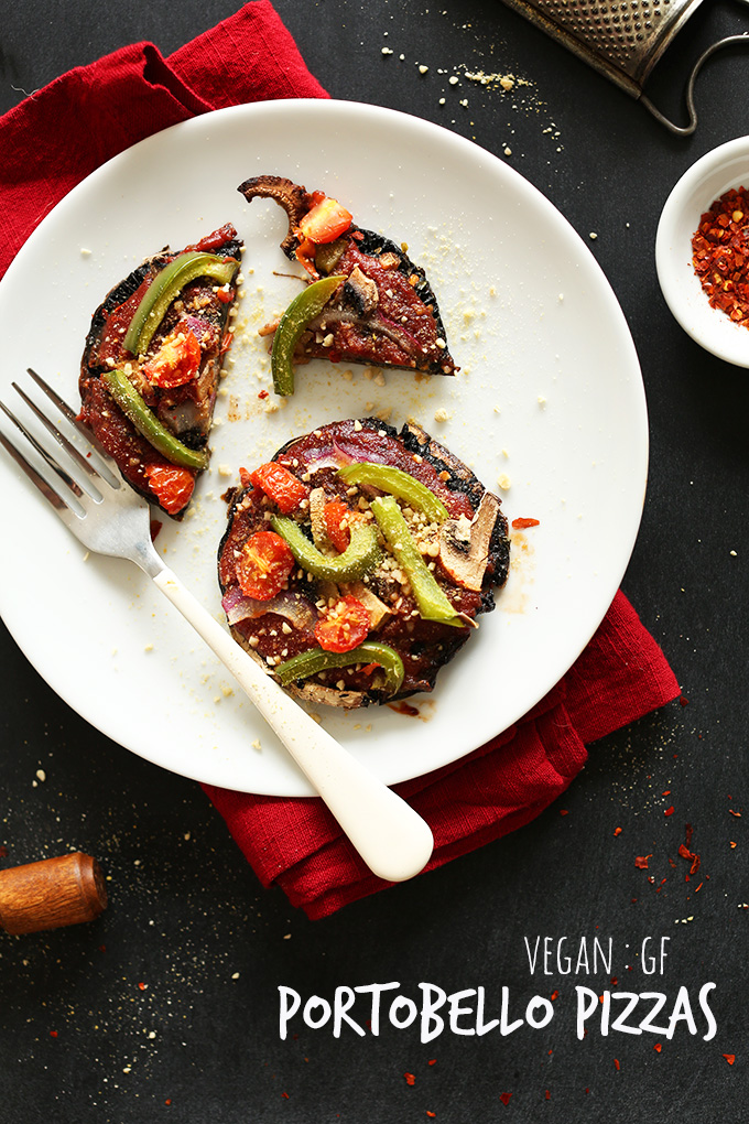 Plate with one full Vegan Gluten-Free Portobello Pizza and another one that is partially eaten