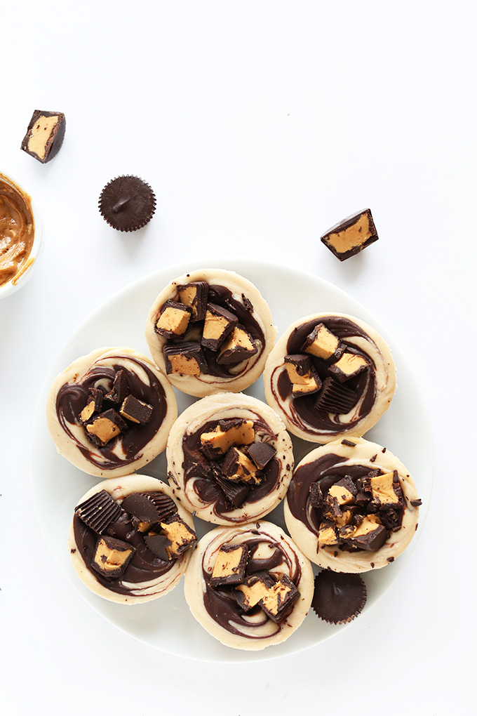Plate of mini Vegan Peanut Butter Cup Cheesecakes