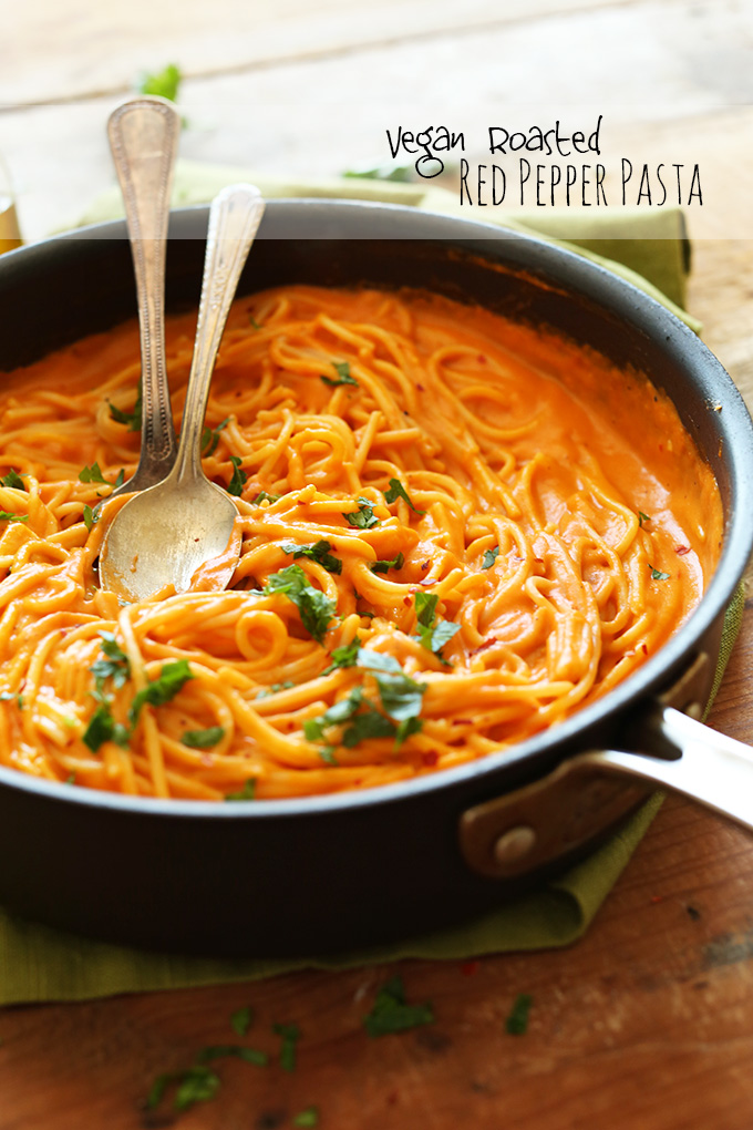 Pan of Vegan Roasted Red Pepper Pasta topped with fresh parsley