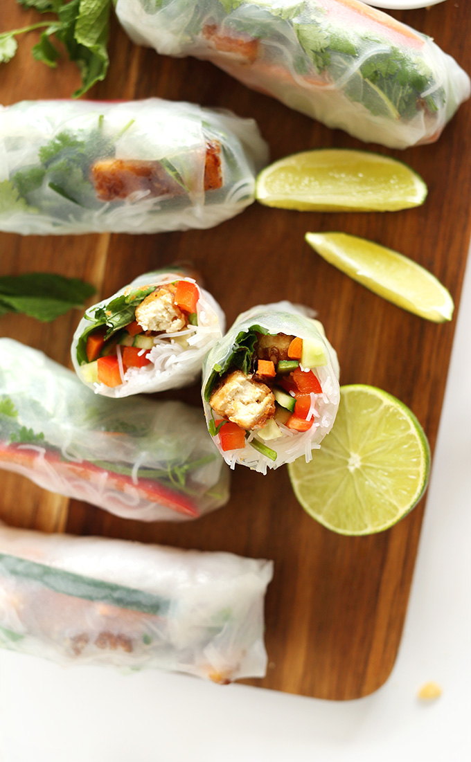 Sliced Vegan Vietnamese Spring Roll showing the fresh vegetables and tofu inside