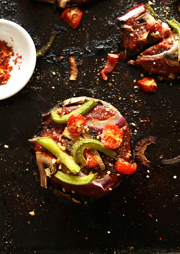 Veggie Portobello Pizza sprinkled with red pepper flakes