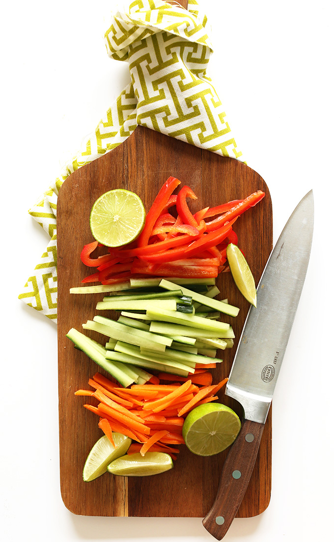 Freshly chopped vegetables for making Vietnamese Vegan Spring Rolls