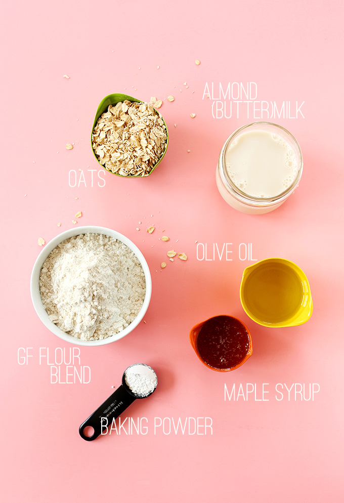 Almond milk, oats, olive oil, maple syrup, and other ingredients for our gluten-free vegan waffles recipe