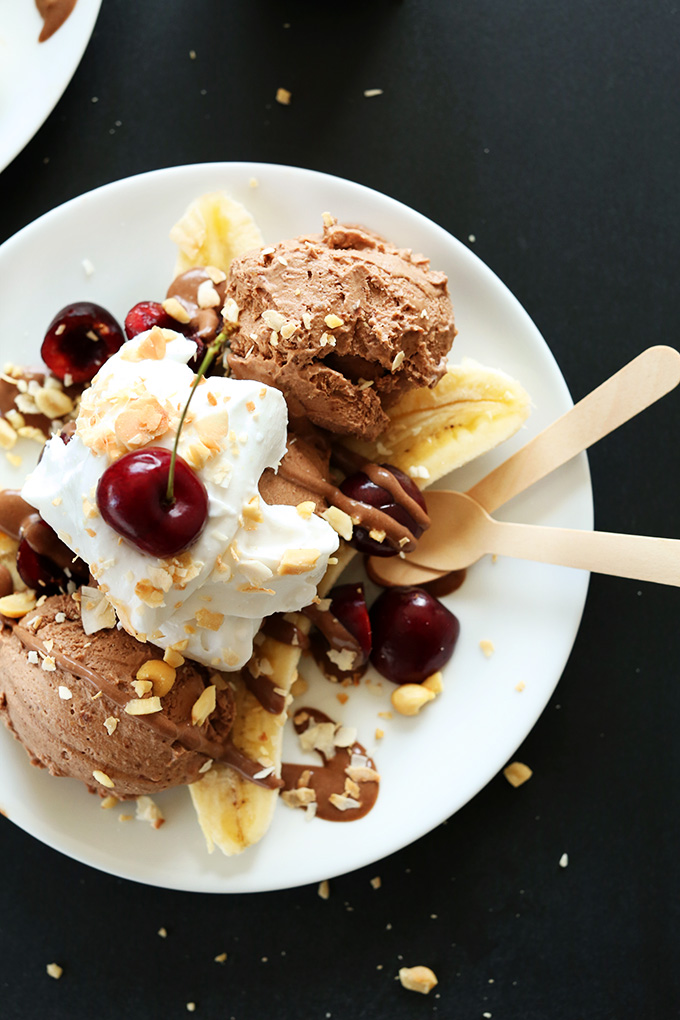 Plate of our amazing Vegan Banana Split recipe