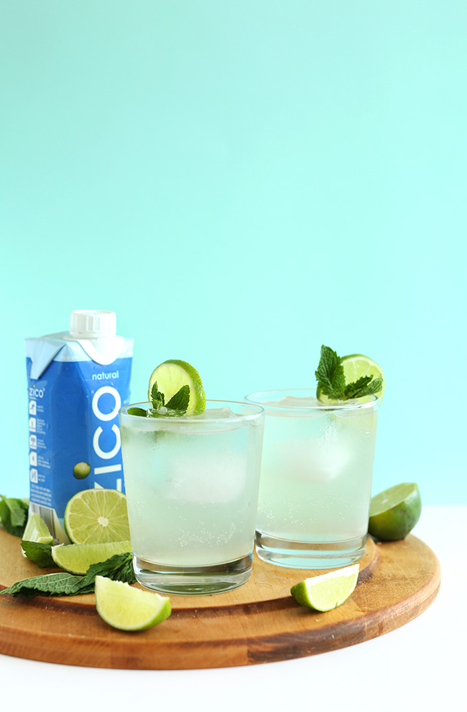 Glasses of Coconut Gin and Tonics with a lime slice and mint on the rim