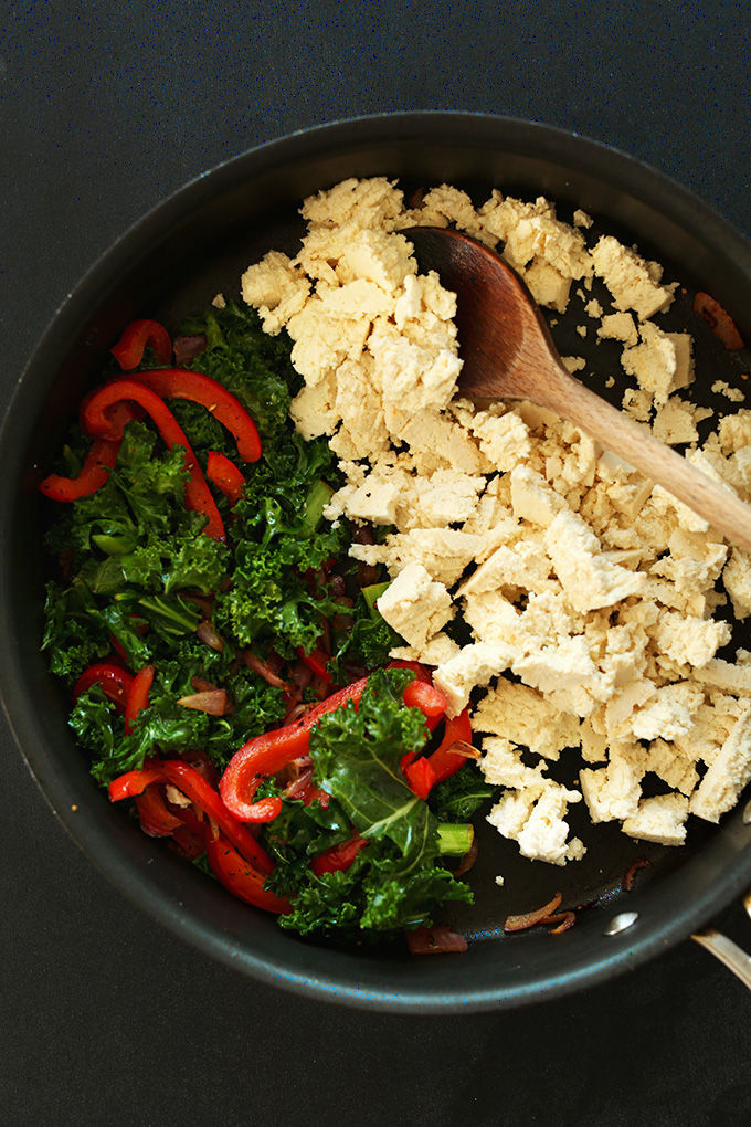 Skillet of crumbled tofu and veggies