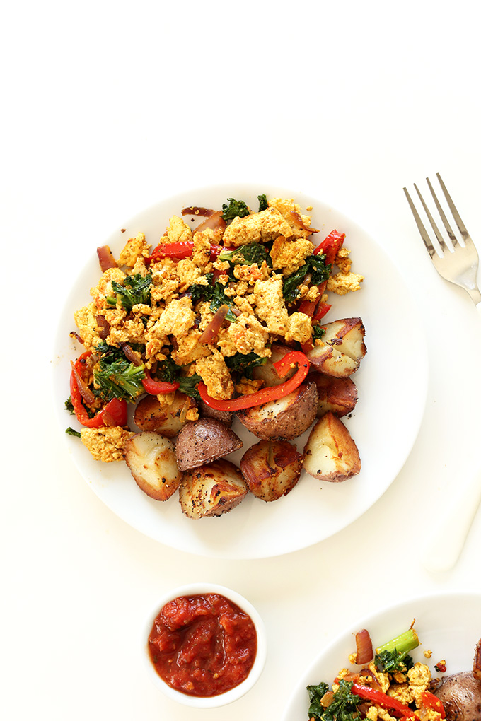 Plate filled with breakfast potatoes and Southwest Tofu Scramble