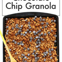 Sheet pan of vegan and gluten-free peanut butter chocolate chip granola