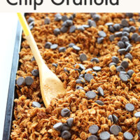 Sheet pan of vegan and gluten-free peanut butter chocolate chip granola