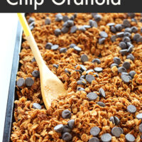 Sheet pan of vegan and gluten-free peanut butter chocolate chip granola