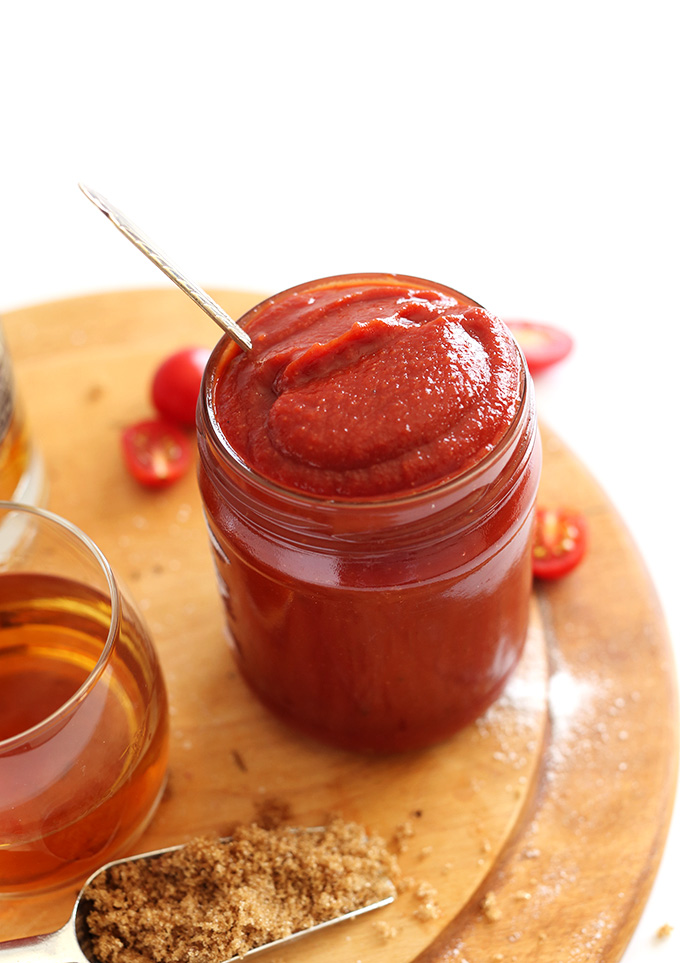 Glass jar filled with homemade Whiskey BBQ Ketchup