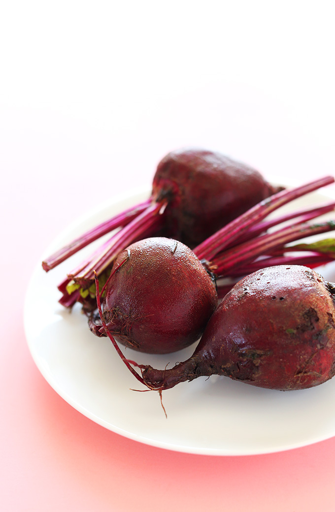Fresh beets on a plate for making Rosemary Baked Beet Chips