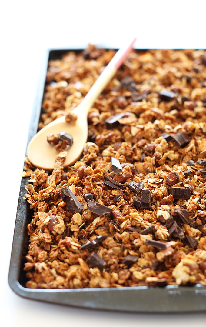Tray of Almond Joy Granola made with chunks of dark chocolate