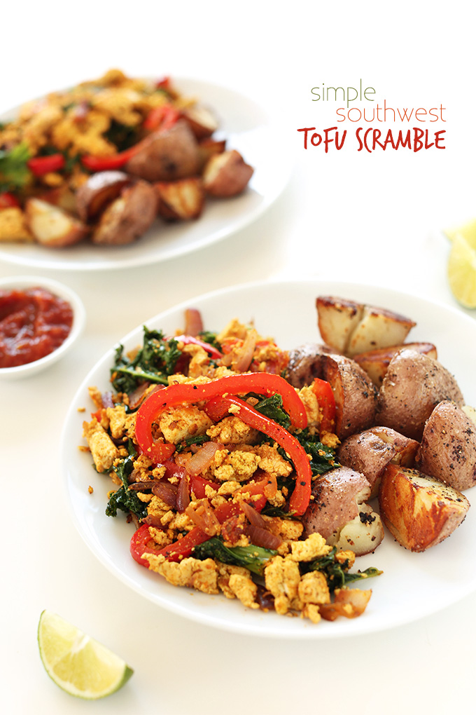 Plates of Southwest Tofu Scramble and breakfast potatoes