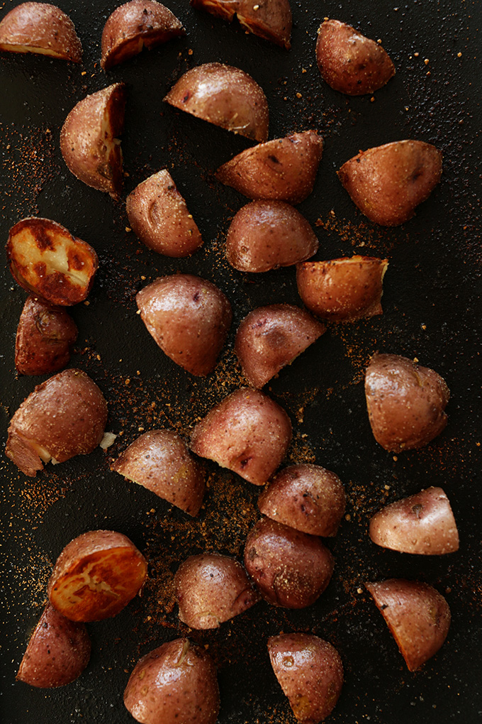 Baking sheet filled with a batch of the BEST breakfast potatoes