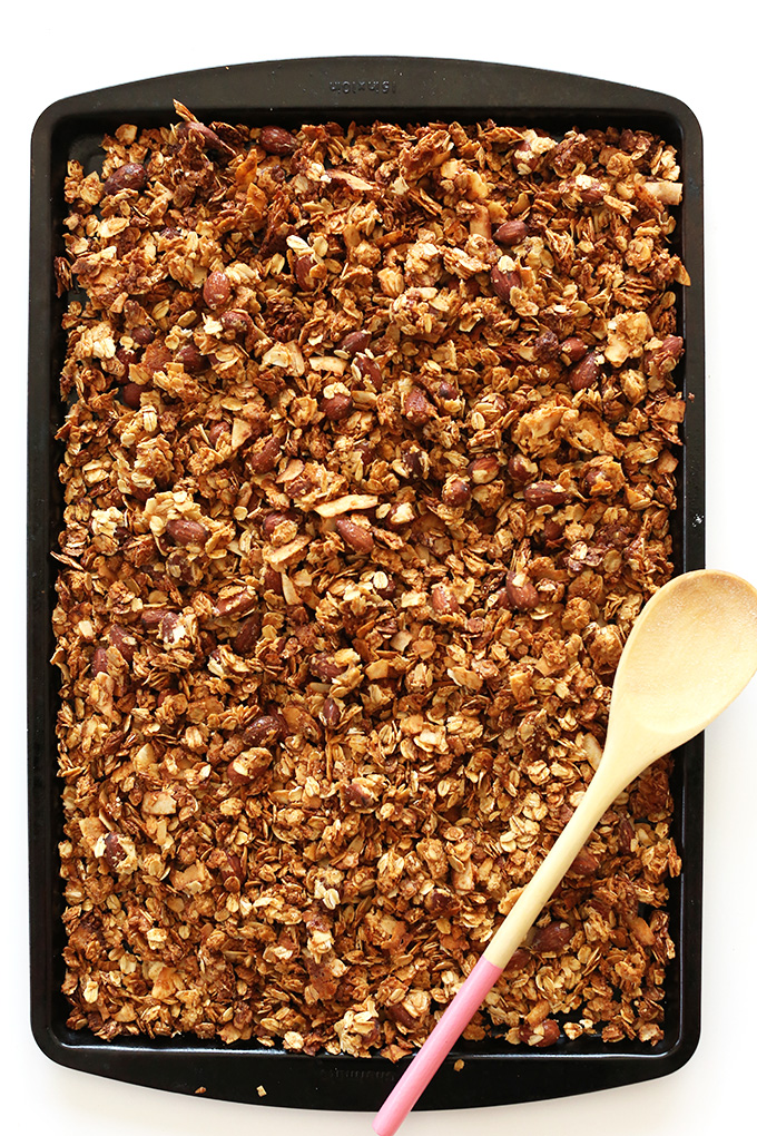 Baking sheet with a batch of freshly baked vegan Almond Joy Granola