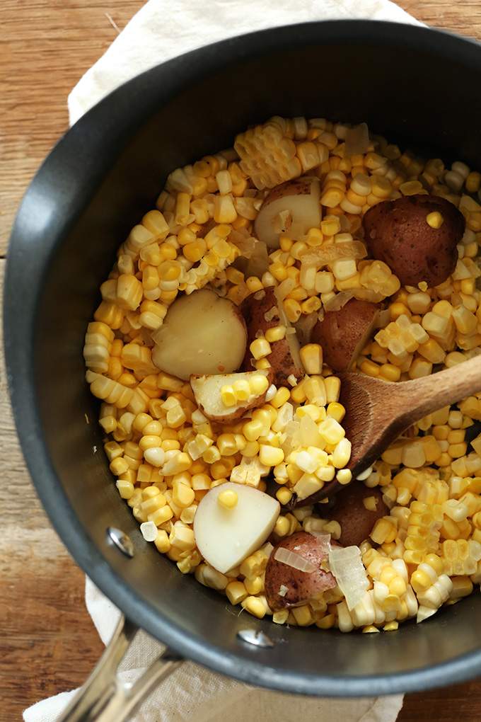 Cooking Cooking potatoes and corn for our simple Vegan Corn Chowder recipe