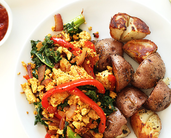 Plate of Southwest Tofu Scramble and Vegan Breakfast Potatoes for a delicious meal
