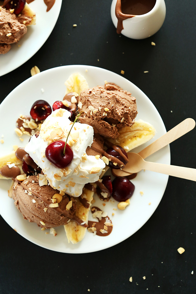Plates of Vegan Banana Split topped with No Churn Chocolate Ice Cream