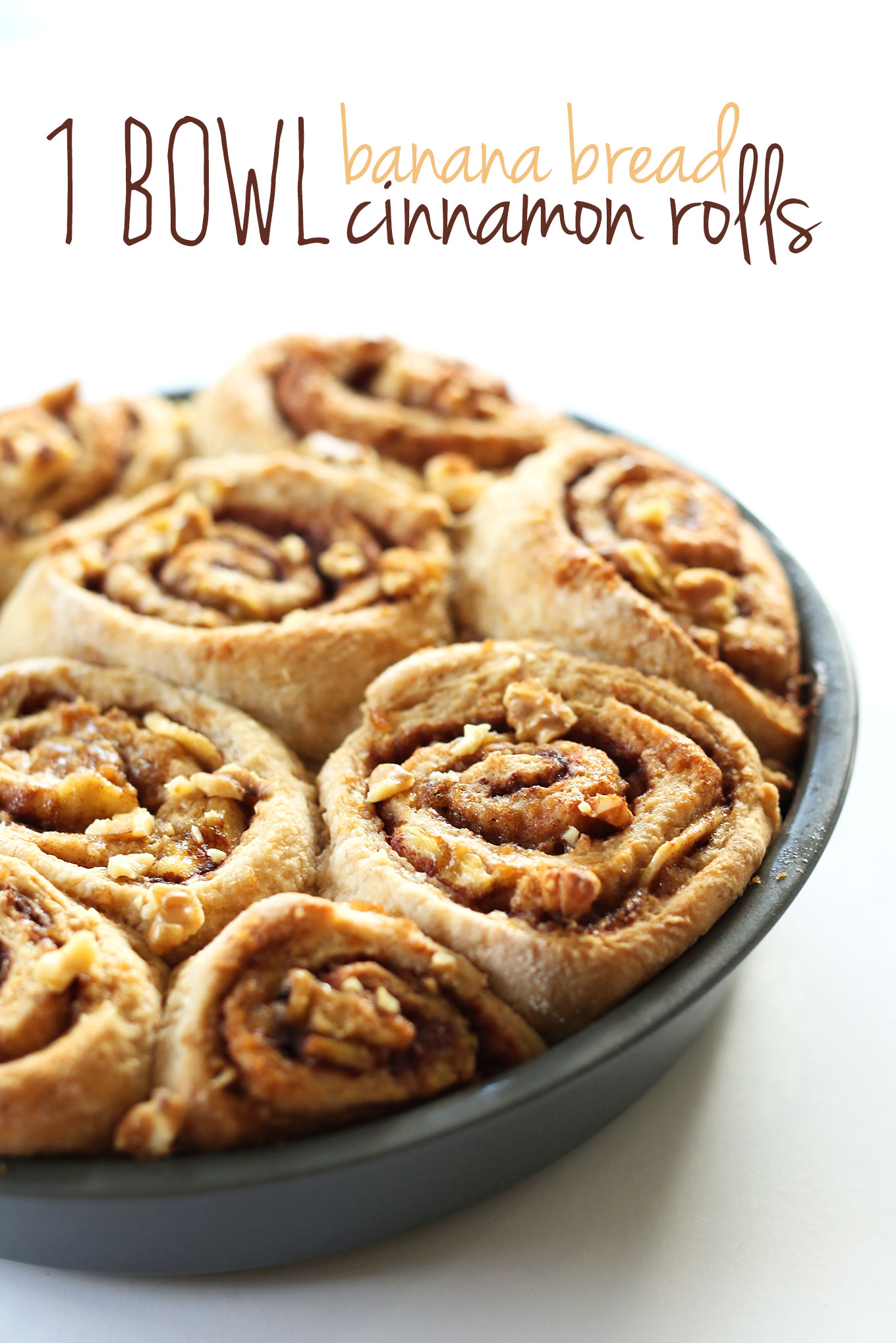 Freshly baked batch of Banana Bread Cinnamon Rolls in a pan